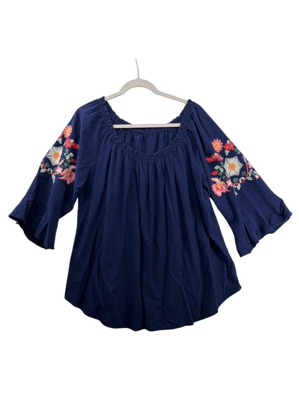 Floral Embroidered Womens Peasant Top Sz 1XL Navy Blue Boho Tunic 3/4 Slv Bell